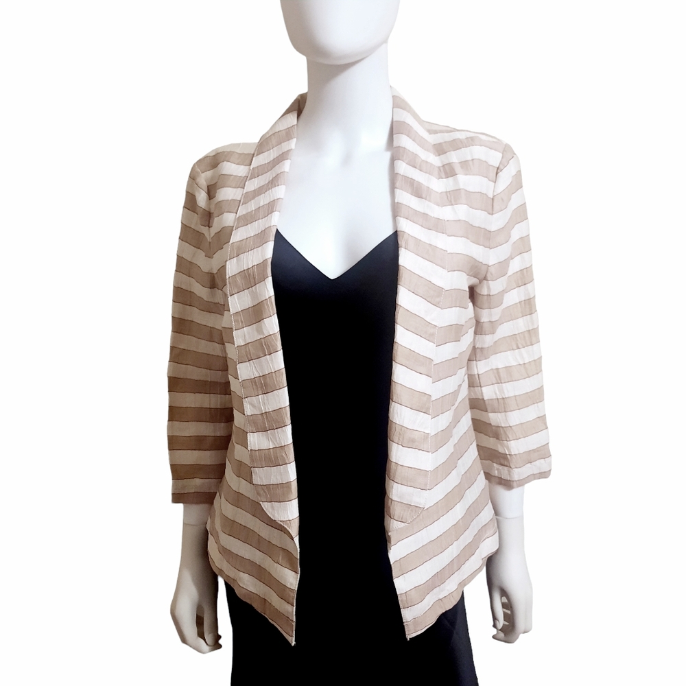 LOFT Linen Striped Open Front 3/4 Sleeve Shawl Collar Jacket Sz 6 Tan/Ivory